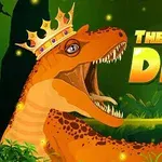 Dinosaurus s korunou na hlavě v džungli, vedle něj text The Dino King
