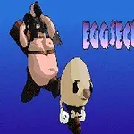 Postava s vejcem místo hlavy a bojovník s mečem na modrém pozadí s nápisem EGGSECUTIONER