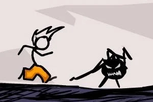 The Fancy Pants Adventure: World 1 Černobílá kreslená postava v oranžových kalhotách utíká před černým příšerovitým tvorem s rohy a mečem
