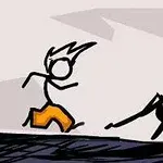 The Fancy Pants Adventure: World 1 Černobílá kreslená postava v oranžových kalhotách utíká před černým příšerovitým tvorem s rohy a mečem