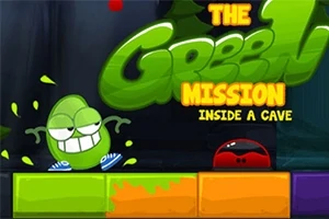 Zelená animovaná postavička s botami stojí vedle nápisu The Green Mission Inside a Cave na barevném pozadí s tmavými a světlými prvky