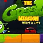 Zelená animovaná postavička s botami stojí vedle nápisu The Green Mission Inside a Cave na barevném pozadí s tmavými a světlými prvky