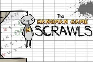Jednoduchá kresba postavičky visící na šibenici na pozadí papíru s písmeny a nápisem The Hangman Game Scrawls