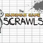 Jednoduchá kresba postavičky visící na šibenici na pozadí papíru s písmeny a nápisem The Hangman Game Scrawls