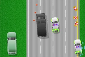 Černé auto se pohybuje po víceproudé silnici s bílými pruhy, obklopené zelenými policejními vozy na asfaltu vedle trávy