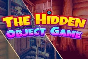 Barevný nápis The Hidden Object Game na pozadí s různými domácími interiéry a detaily