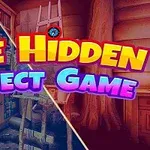 Barevný nápis The Hidden Object Game na pozadí s různými domácími interiéry a detaily