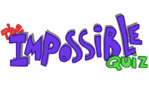 Barevný nápis The Impossible Quiz na bílém pozadí s různými styly písma a barvami (červená, fialová, zelená)