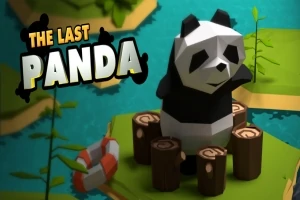 Panda v nízkopolygonálním stylu stojí na malém ostrově obklopeném vodou, vedle ní jsou pařezy a záchranný kruh
