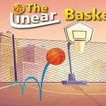Basketbalový míč skáče na hřišti s košem a městským panoramatem v pozadí