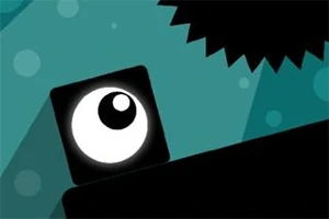 Černý čtverec s okem na modrém pozadí a tmavými tvary v rohu