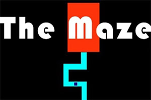 Nápis The Maze s oranžovým pozadím a modrým bludištěm na černém pozadí