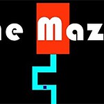 Nápis The Maze s oranžovým pozadím a modrým bludištěm na černém pozadí