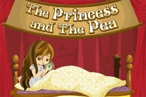 Princezna sedící na posteli s hráškem v ruce pod nápisem The Princess and The Pea na červeném pozadí