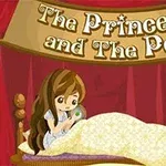Princezna sedící na posteli s hráškem v ruce pod nápisem The Princess and The Pea na červeném pozadí