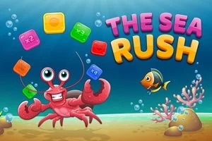 Červený krab a barevné kostky pod vodou s malou rybou v moři, s nápisem THE SEA RUSH