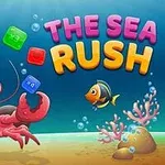 Červený krab a barevné kostky pod vodou s malou rybou v moři, s nápisem THE SEA RUSH