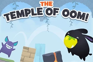 Černá postavička s citronem v ústech skáče vedle fialového tvora na modrém pozadí s nápisem The Temple of Oom!