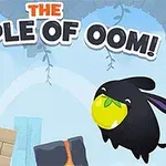 Černá postavička s citronem v ústech skáče vedle fialového tvora na modrém pozadí s nápisem The Temple of Oom!