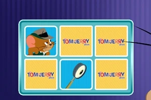 The Tom and Jerry Show: Memory Mischief Kreslená ilustrace myši v klobouku a plášti v levé horní části vedle bloku s textem a lupou v šachovnicovém vzoru na modrém pozadí