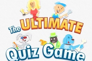 Grafické postavy s nápisem The Ultimate Quiz Game na světlém pozadí