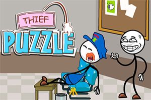 Postavička v policejní uniformě spí na židli, zatímco další se směje vedle ní s nápisem Thief Puzzle nahoře
