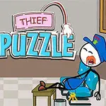 Postavička v policejní uniformě spí na židli, zatímco další se směje vedle ní s nápisem Thief Puzzle nahoře