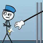 Postava s klíčem a čepicí v kresleném stylu stojí před mřížemi, zatímco ruka se snaží dosáhnout na klíč