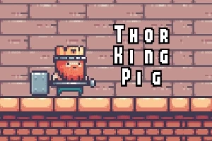Postava ve stylu pixel art s kladivem a korunkou před cihlovou zdí s nápisem Thor King Pig