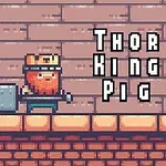 Postava ve stylu pixel art s kladivem a korunkou před cihlovou zdí s nápisem Thor King Pig