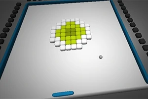 Zeleno-bílé pixelové uspořádání na herní ploše s modrou spodní stříškou a bílou kuličkou