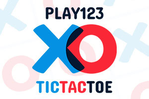 Logo s nápisem „PLAY123 XO TICTACTOE s velkým modrým X a červeným O na světlém pozadí s jemnými symboly X a O