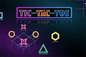 Neonové geometrické tvary na tmavém pozadí s nápisem TIC-TAC-TOE