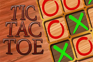 Hra s křížky a kolečky na dřevěném pozadí s textem TIC TAC TOE