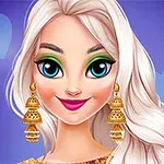 Blondýna s velkýma modrýma očima, výrazným make-upem a zlatými náušnicemi na modrém pozadí s bleděmodrými srdíčky