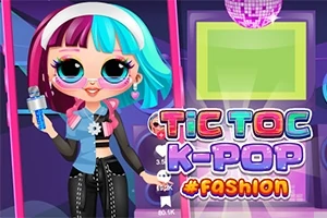 Panenka s růžovo-modrými vlasy drží mikrofon v barevné módní hře s nápisem Tic Toc K-Pop #Fashion
