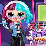Panenka s růžovo-modrými vlasy drží mikrofon v barevné módní hře s nápisem Tic Toc K-Pop #Fashion