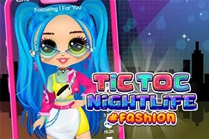 Kreslená postava s modrými vlasy a módním oblečením stojí před grafickým pozadím s nápisem Tic Toc Nightlife #Fashion