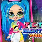 Kreslená postava s modrými vlasy a módním oblečením stojí před grafickým pozadím s nápisem Tic Toc Nightlife #Fashion