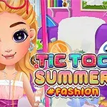 Dívka s dlouhými blond vlasy a velkýma očima stojí před barevným letním pozadím s textem Tic Toc Summer #Fashion