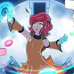 Dívka s červenými vlasy v oranžových šatech ovládá magické síly obklopená zářícími objekty a symboly