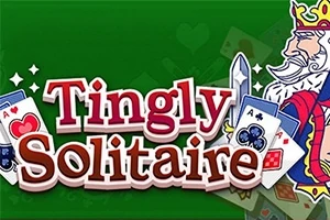 Název Tingly Solitaire s ilustrací krále a rozložením karet na zeleném pozadí