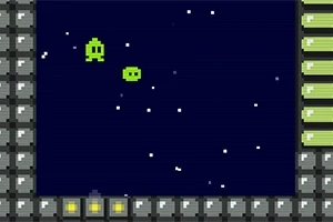 Dva zelení pixeloví tvorové ve vesmírném prostředí s hvězdami, obklopení šedými bloky