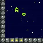 Dva zelení pixeloví tvorové ve vesmírném prostředí s hvězdami, obklopení šedými bloky