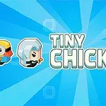 Tři kreslené postavičky na modrém pozadí s nápisem Tiny Chick uprostřed