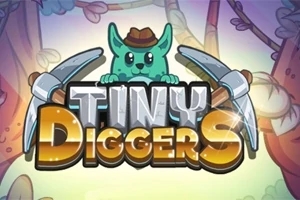Zelený kreslený tvor s kloboukem drží dva krumpáče nad nápisem Tiny Diggers na pozadí lesního okolí