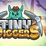 Zelený kreslený tvor s kloboukem drží dva krumpáče nad nápisem Tiny Diggers na pozadí lesního okolí