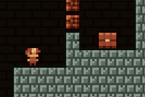 8bit postava stojí na šedé cihlové plošině s hnědými bloky nad sebou na tmavém pozadí