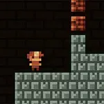 8bit postava stojí na šedé cihlové plošině s hnědými bloky nad sebou na tmavém pozadí