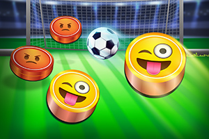 Emoji puky se zábavnými výrazy na fotbalovém hřišti s míčem a brankou v pozadí
